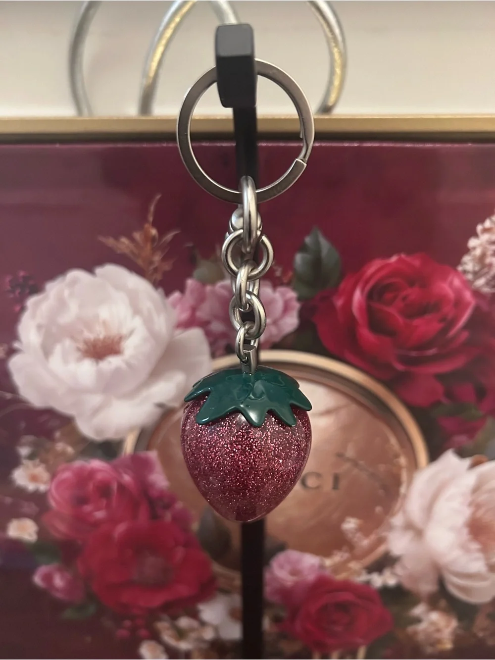 Glitter Strawberry Keychain with Green Leaf Top
